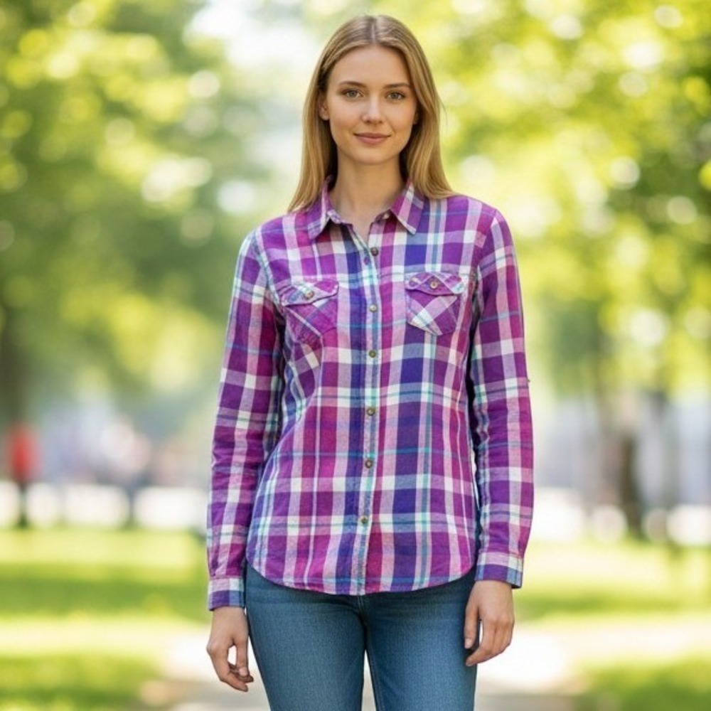 Dream Out Loud Flannel Shirt Womens M Purple Plaid Excellent Studded Pockets